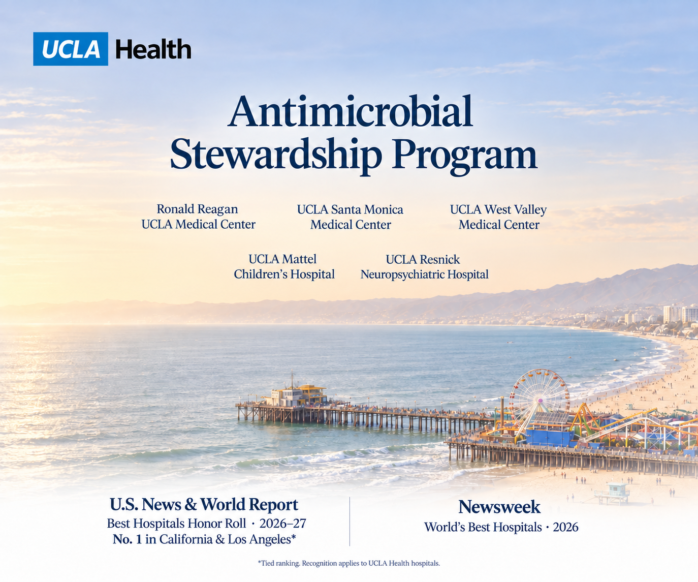 UCLA Health Antimicrobial Stewardship Program, with hospital rankings and Santa Monica Pier along the Pacific coastline.